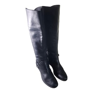 Arturo Chiang Black Leather Riding Boots With Buckle & Side Zipper 10M