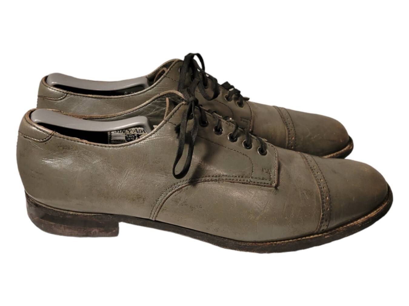 Vintage STACY-ADAMS Leather Derby Shoes: Olive Green Cap-toe  display picture 3