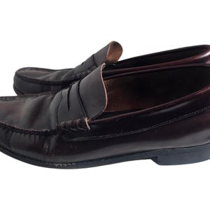 May include: A pair of dark brown leather loafers with a penny strap detail. The shoes have a classic design and are made of high-quality leather.