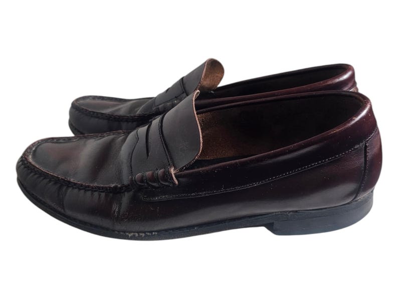 May include: A pair of dark brown leather loafers with a penny strap detail. The shoes have a classic design and are made of high-quality leather.