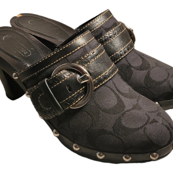 Coach Women's Sable Wooden Clog Mule Size 7.5 Black Signature Jacquart Heels Comfy