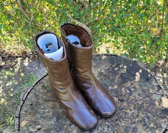 Vintage Women Leather With Faux Fur Interior Brown Mid Calf Boots Size 6D/Women Blocked Heel Boots/Women Zipper Boots