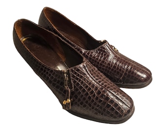 Vintage Womens Pumps Size 9.5 Genuine Leather Alligator Print Cognac Brown