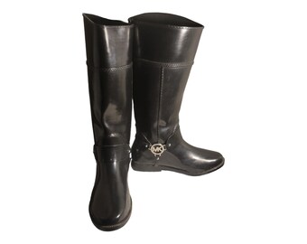 Michael Kors Fulton Tall Black Harness logo Rain Boots Women's Size 9M