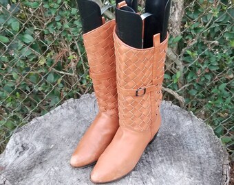 Sz 7 Vintage Riding Boots With Woven Design/Genuine leather Cowgirl Boots /1989s Pull Up Boots