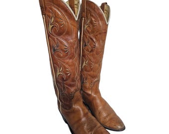 ACME Tall Bruna Blommiga Cowboystövlar 1970-talet 8 C