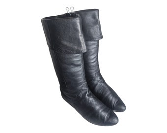 Botas a media pantorrilla de tacón bajo de cuero suave negro de montaña blanca para mujer Sz. 9M