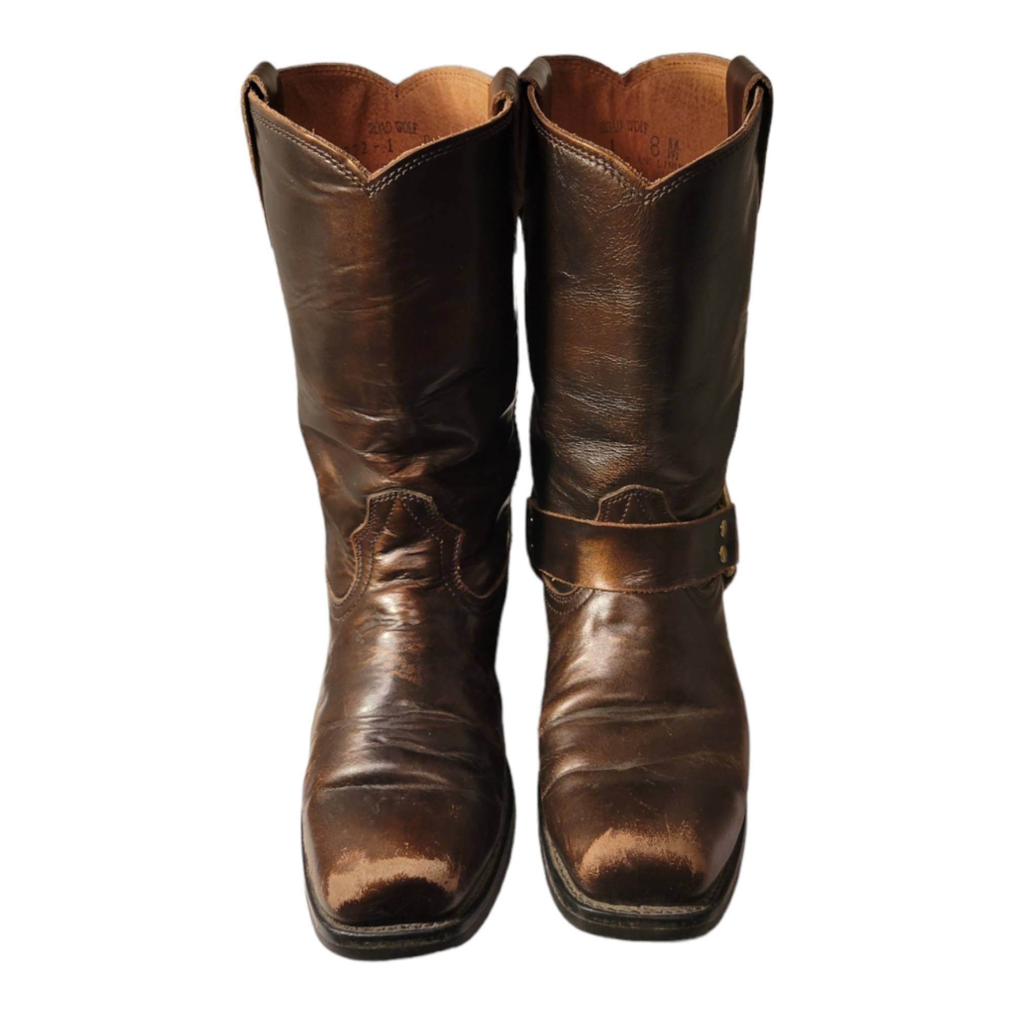 靴 VINTAGE l Strap Distressed Boots Vintage Road Wolf Biker Boots: Metallic Brown Leather Harness, Men
