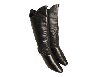 Vintage Coobies Black Leather Pull On Boots 80s Style Size 7.5M