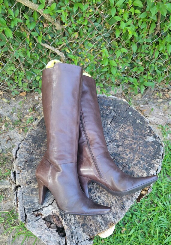 Sz Brown Leather Stiletto Heeled Boots 