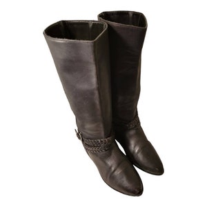 Vintage  Pull On Riding Leather Boot By Biarritz / Sz 7M. Braided Strap Buckle 80s