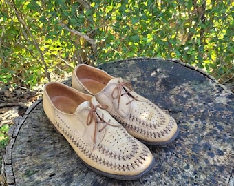 Vintage Woven Leather Derby Shoes - Tan Block Heel - Women's 8.5