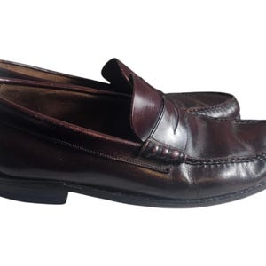 May include: A pair of dark brown leather loafers with a penny strap detail. The loafers have a rounded toe and a low heel.