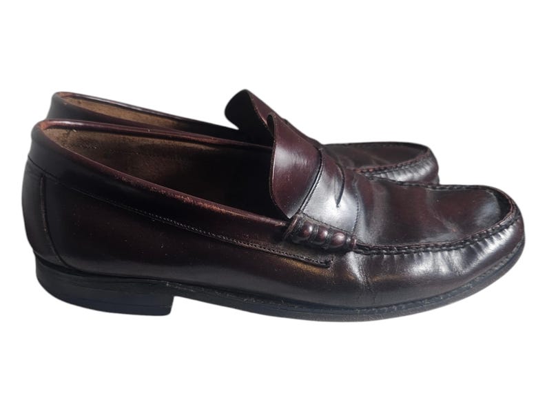 May include: A pair of dark brown leather loafers with a penny strap detail. The loafers have a rounded toe and a low heel.