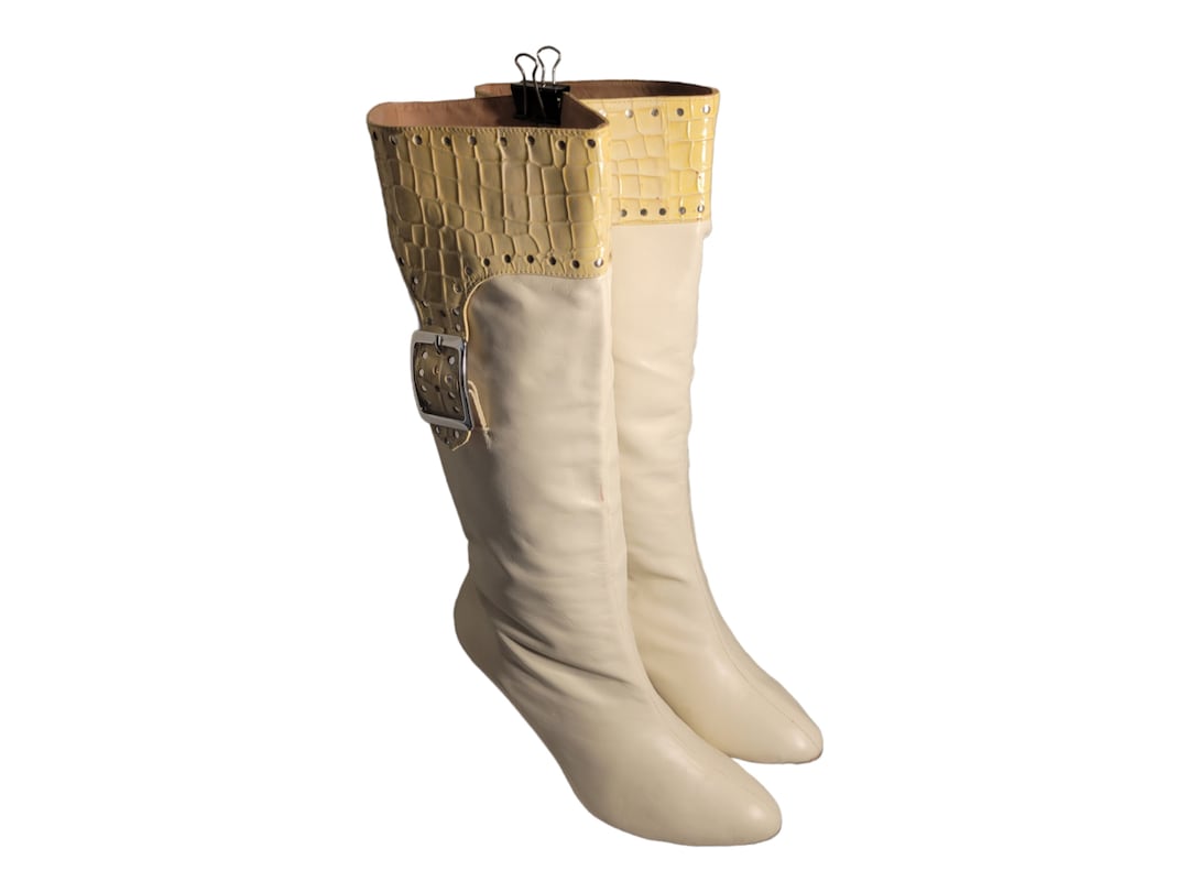 Samanta Vero Cuoio Overknee Beige Leder Stiefel Größe 13 M Vintage Plus  Size Reißverschluss Stiefel