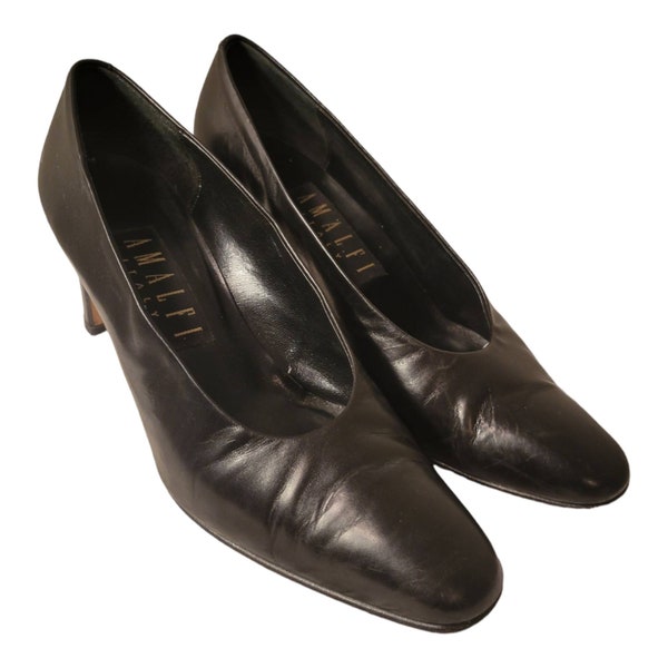 Amalfi Black  Italian Leather Pumps/ Designer Pumps Size 7 B/ Glam Shoes From The 80s