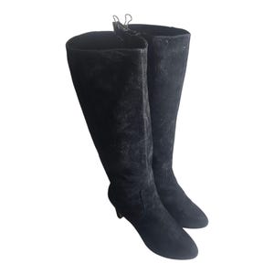 1970&#39;s Black Suede Boots, Vintage Ladies Knee High Tall Boot, Made in Italy, Size 10