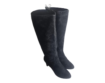 Vintage Black Suede Knee High Boots, Made in Italy, Size 10