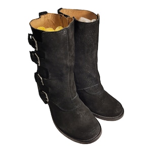 J. Litvack Women’s Size: US 8/EU 39 Black Suede Four Buckle Stacked Heel Moto Boots