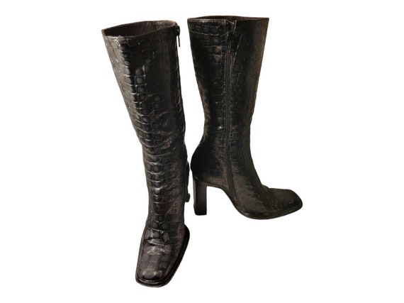 靴 y2k ring heal Buckle Boot crocoleather Ring-Top Strappy Lace Up Square Toe Sculptured Heel In Black