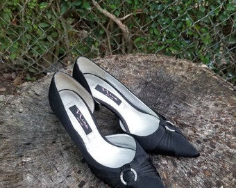 Nina Black Satin Kitten Heels: Rhinestone Applique, Size 8