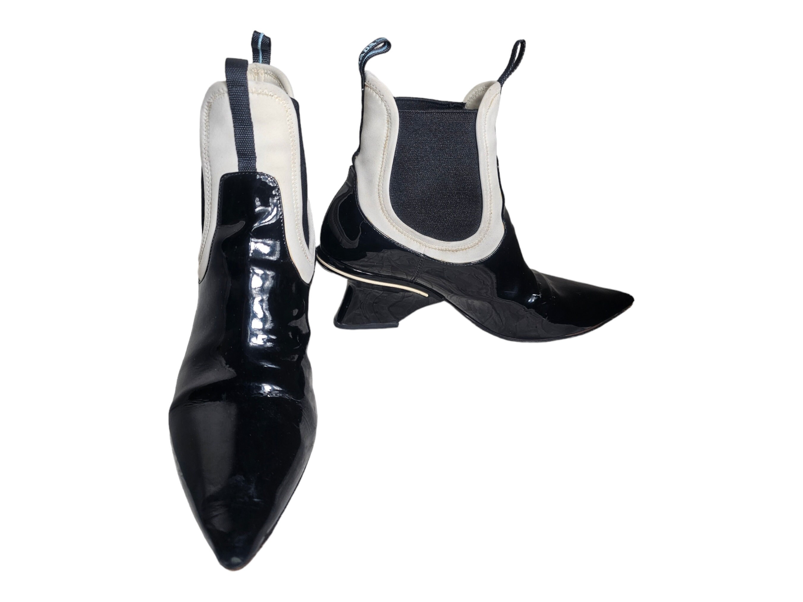 Prada Black & White Patent Leather Pointy Booties Size 36