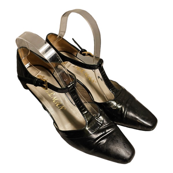 1960s Vintage Delman Black Leather Peekaboo T - Strap Heels Shoes Size 8