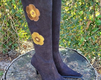Minimalist Boho Flower Sock Boots/Black Suede Zip Up Stiletto Boots/Boho City/Hipster 7.5