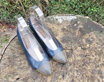 Women Vintage Leather Navy And Gold Studded Pumps By Sesto Meucci Of Florence Size 5.5M/Women Designer Pumps/ Women Dress Shoes