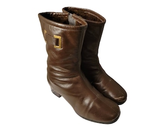 Vintage Zip Stiefeletten Gr. 6 D/braune Leder Stiefeletten Kunstfell Unterfüttert