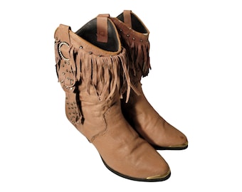 Retro Ethnic Tassel Stacked Heeled Western Style Boots/Studded Fringe Vintage/Furhatguild
