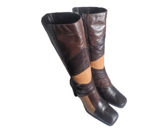 Maripe, bottes hauteur genou en patchwork de 3,5 pouces, en cuir marron clair pour femme, taille 9 B