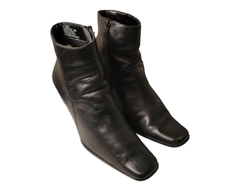 Vintage 90s Black Leather Ankle Boots - Square Toe Side Zip - Size 6M