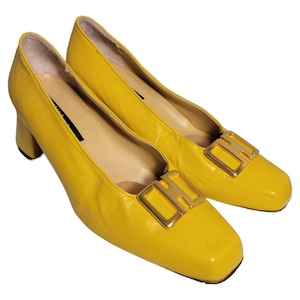 Size 7 Vintage 70s 80s Genuine Leather Italian Made Pumps/Yellow Womens Dress Shoes Block Heel
