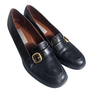 Etienne Aigner Black Leather Brass Buckle Loafers 10M With 2” Chunky Heel Pump