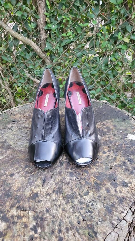 Vintage Women Black Leather Slip On High Heel Sho… - image 3