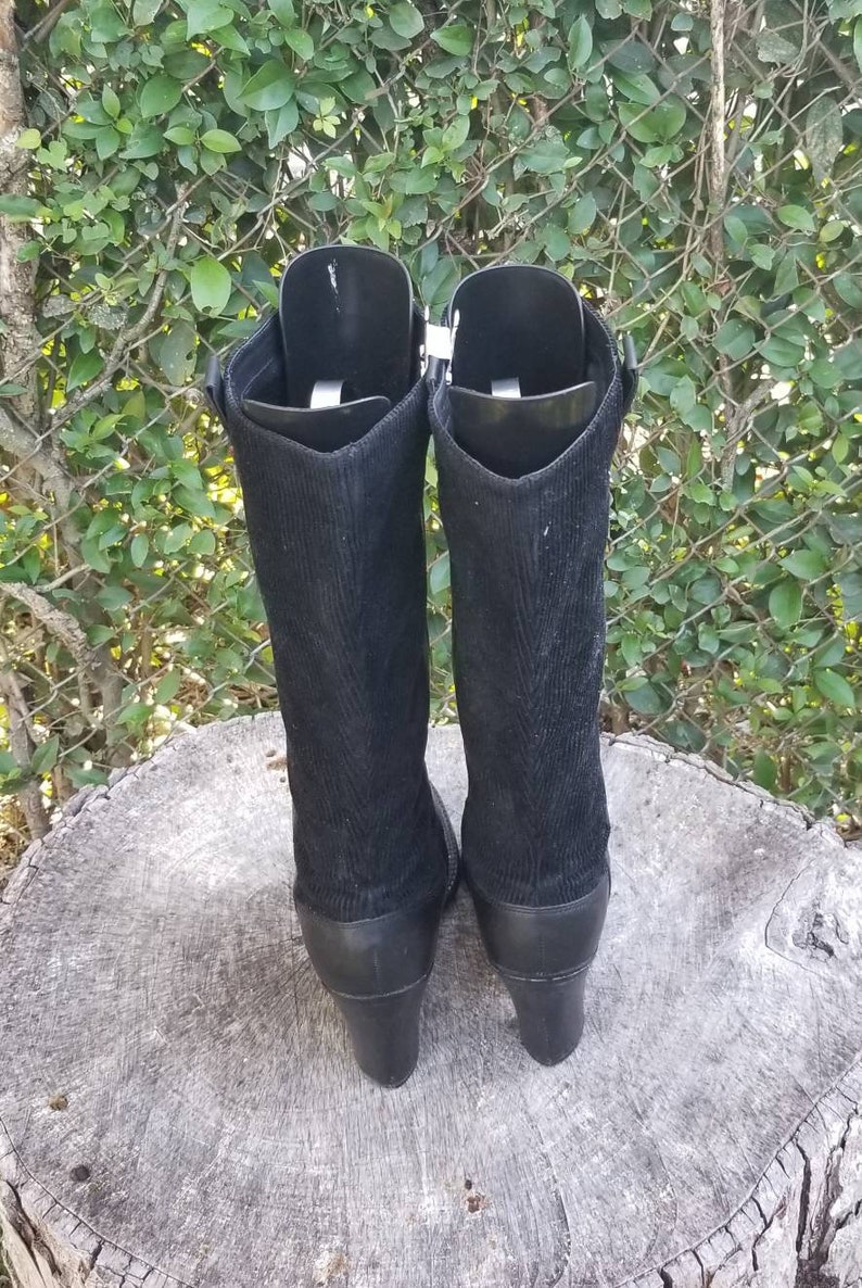 Sz 9.5 Leather And Corduroy Pull Up Boots Tall High Heel Boots 1990s Tommy Hilfiger