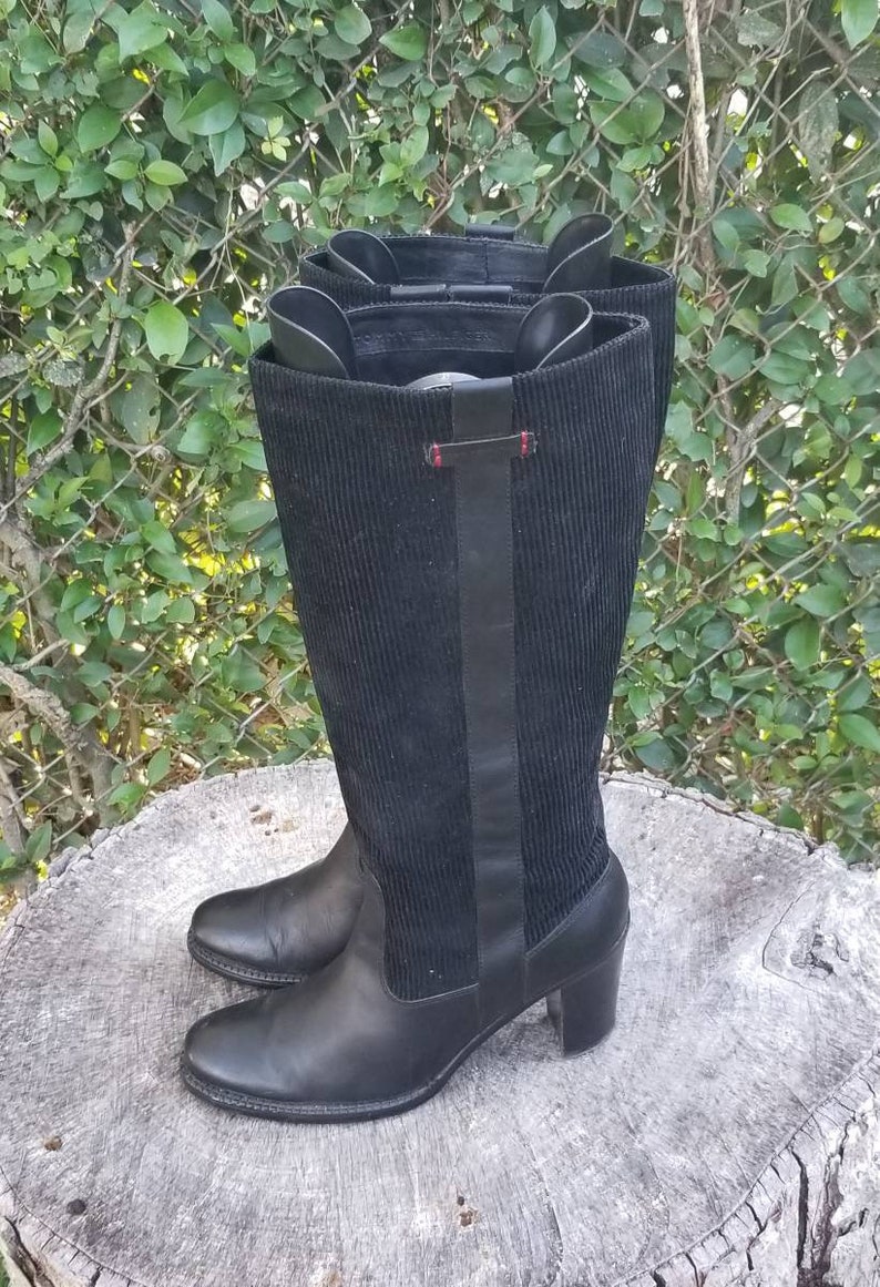 Sz 9.5 Leather And Corduroy Pull Up Boots Tall High Heel Boots 1990s Tommy Hilfiger