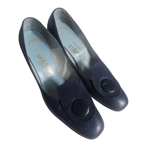 Vintage 1960s Chic Retro Leather Pumps Button Design Blue