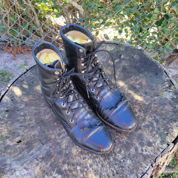 Size 6 B Justin Boots Black Lace Up Granny Boots/Genuine Leather Boho Country Western Style Roper Kiltie Boots/80s Vintage