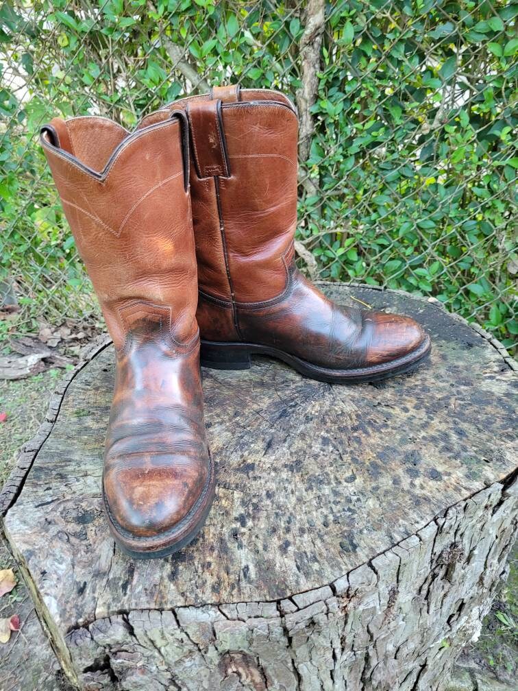 Vintage Rio Grande Brown Leather Roper Boots, Men display picture 1