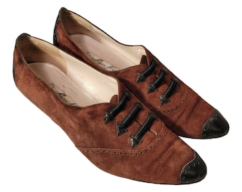 MISS MAUD PARIS Vintage Brown Black Suede Leather Shoes With Leather Cord Heel/Size 6 us/36 eu Victorian Dress Shoes