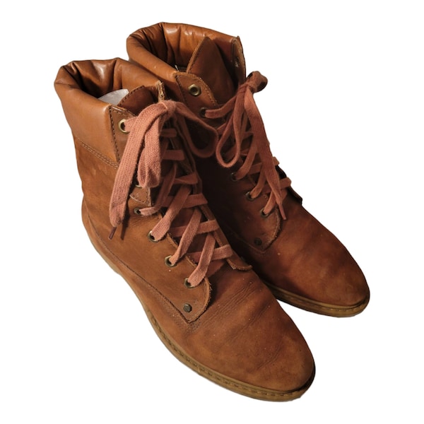 Dolcis 90's Vintage Leather Lace Up High Top Ankle boots Camel Brown Size 8/Hiking Walking Boots