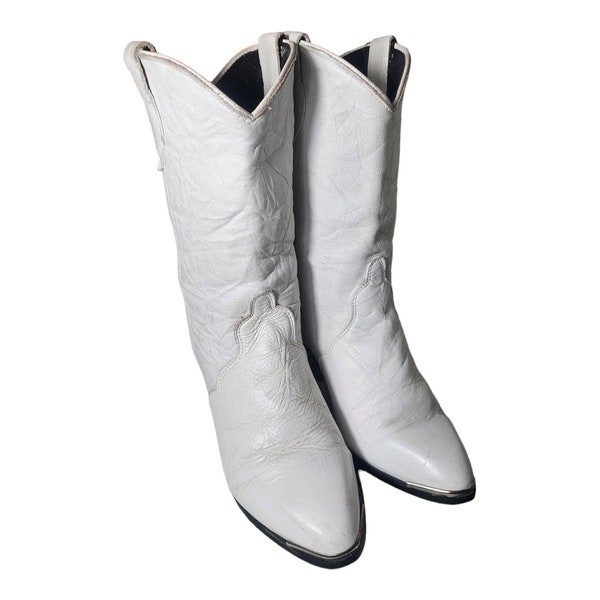 Vintage Dingo Womens 6.5 White Leather Pull On Mid-Calf Western Boots Cowgirl