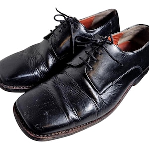 May include: A pair of black leather lace-up shoes with a pointed toe and a low heel.