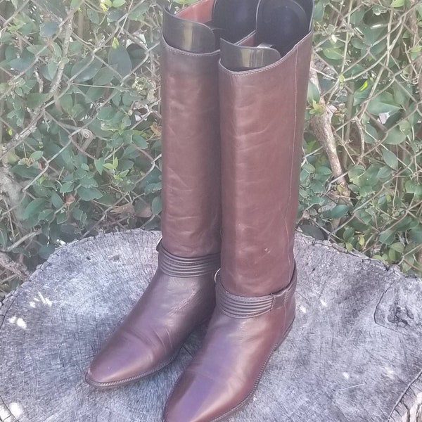 Sz 7 Vintage Riding Boots/Leather Pull On Boots/Women's Brown Boots From the 1980s/Hipster/Boho