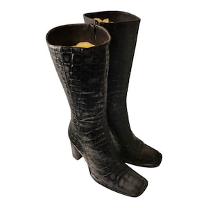 Vintage Black Block Heel Embossed Croc Leather Mid Calf Boot/ Italian Leather Square Toe Boots