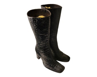 Vintage Black Block Heel Embossed Croc Leather Mid Calf Boot/ Italian Leather Square Toe Boots