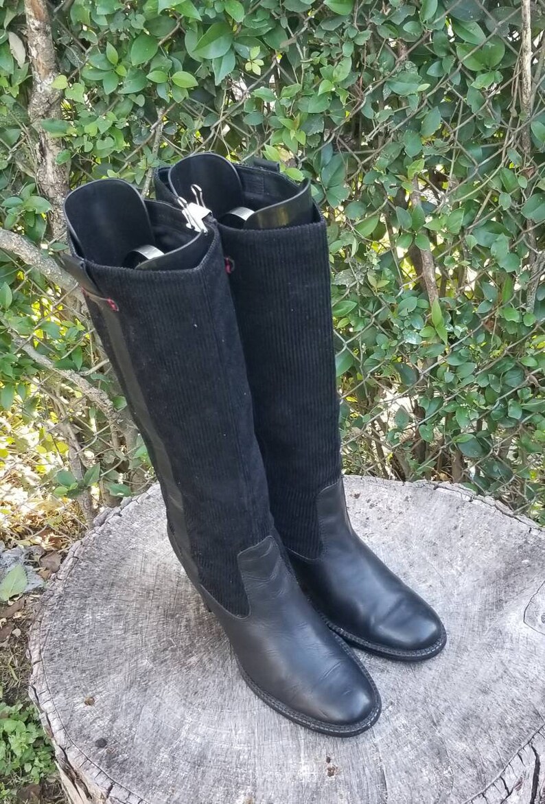 Sz 9.5 Leather And Corduroy Pull Up Boots Tall High Heel Boots 1990s Tommy Hilfiger