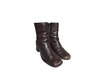 VTG 90s y2k Square Toe Chunky Heel Brown Leather Heel Ankle Boots Booties 6.5M